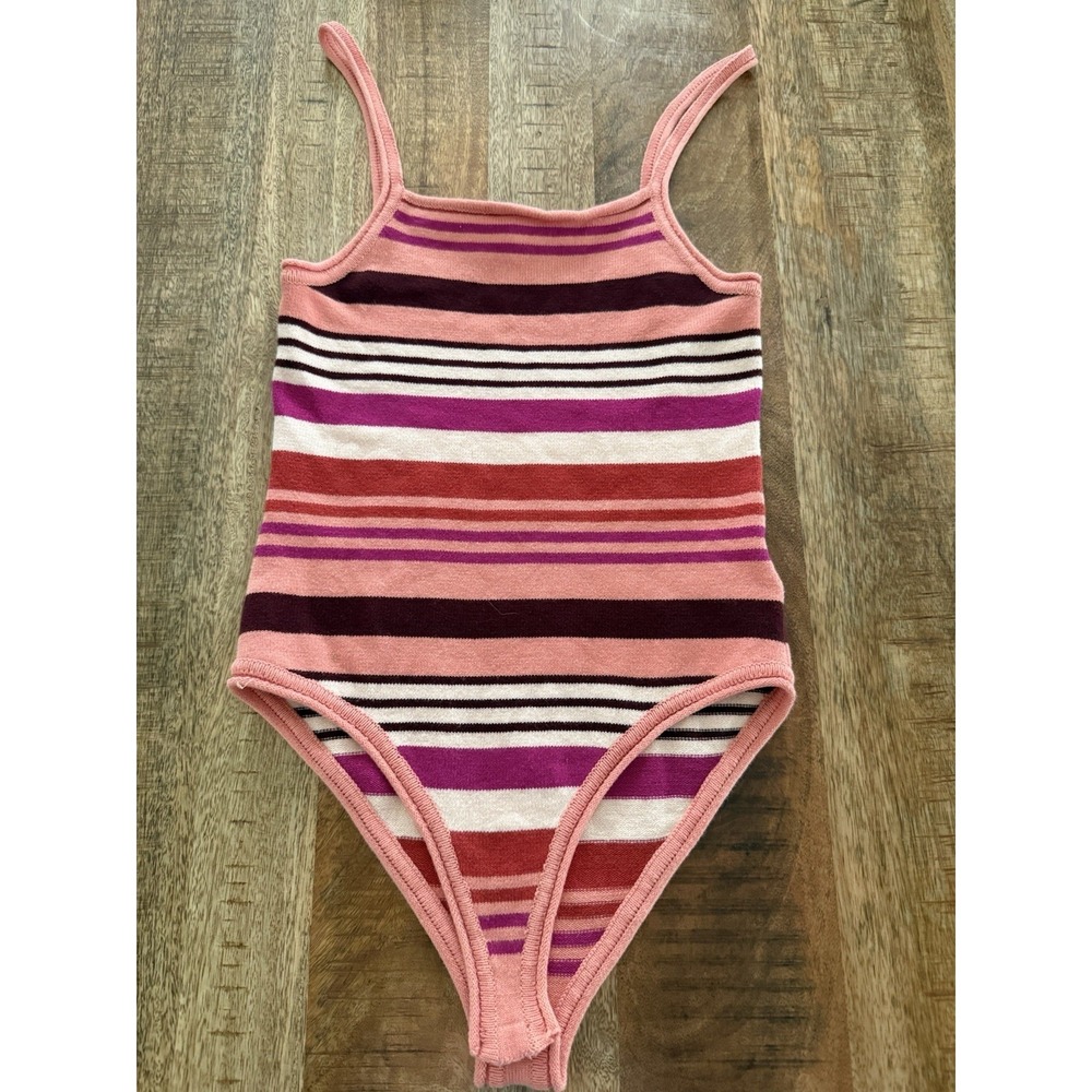 Free People Sweater Knit Striped Bodysuit M Pink Burgundy Sleeveless Boho